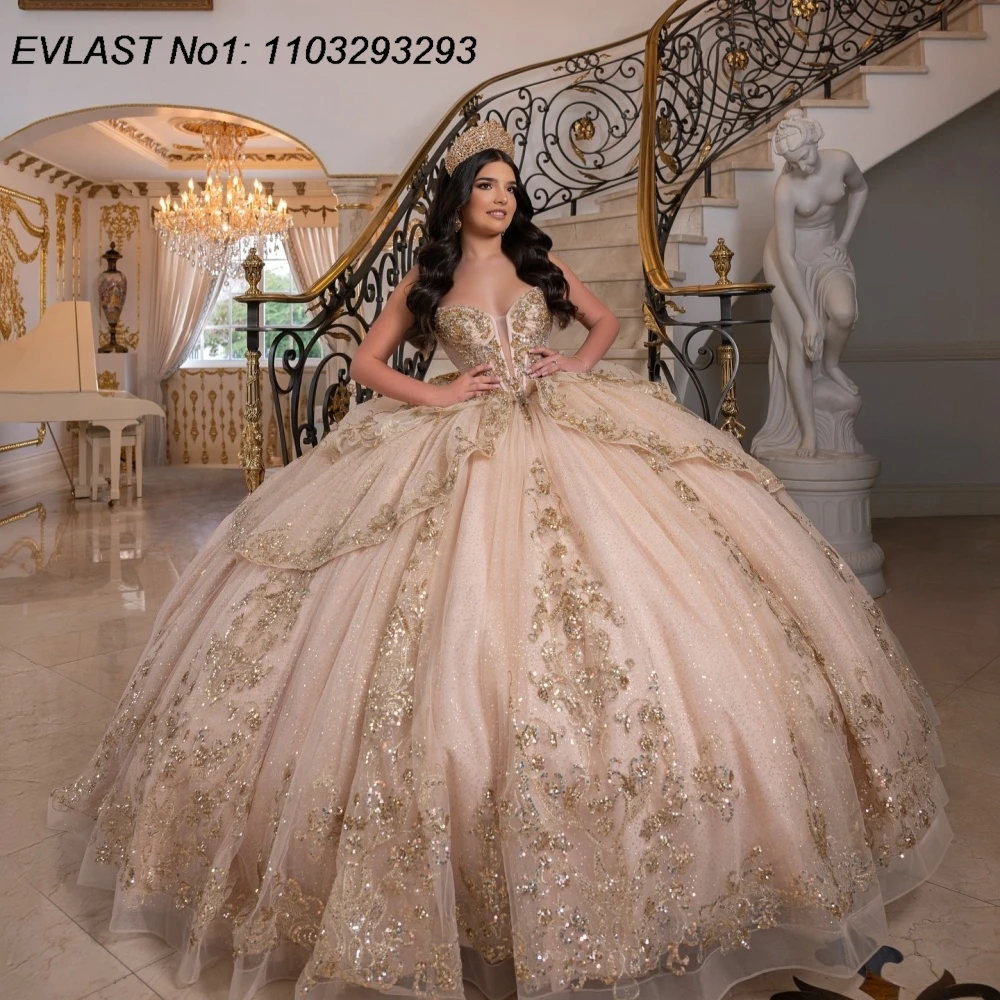 EVLAST 맞춤형 글리터 핑크 퀸세아네라 드레스 볼 가운 골드 스팽글 아플리케 비즈 장식 리본 스위트 16 베스티도스 데 15 아뇨스 E1QN685