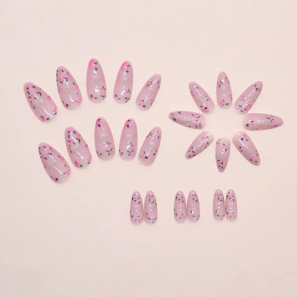 24pcs Manicure Long Almond False Nails French Pearl bow Fine Glitter Fake Nails Detachable Sparkling Rhinestones Nail Tips Women