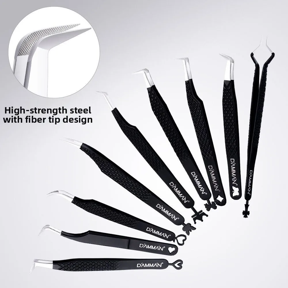 Large Flat Clamp Head Eyelash Tweezer Fiber Tip Anti-slip Grid Eyelash Extensions Tweezers with Box Black Color
