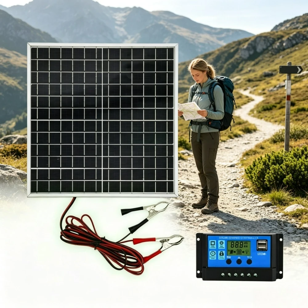 12W 12V Monocrystalline Solar Panel Portable Aluminum Frame Kit Digital PWM Solar Regulator with Clamp Wires Off Grid Power Bank