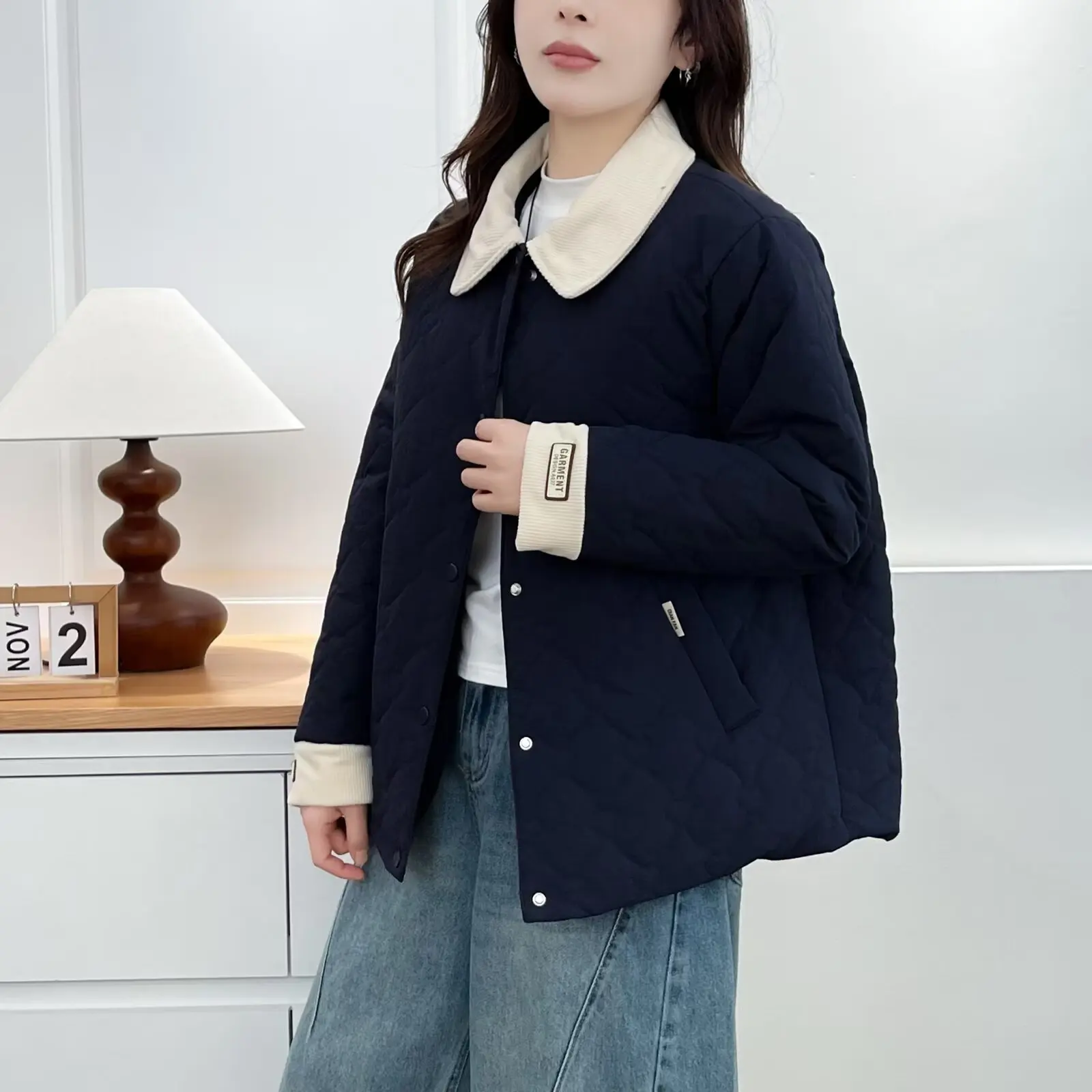 XXXXL Moda Plus Size Abbigliamento donna Parka Inverno Nuovo risvolto Color Blocking Giacca imbottita Applique Cappotti caldi 2595