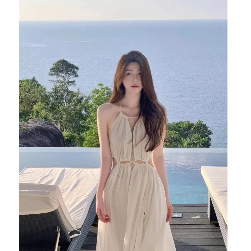 Thailand Sanya Travel Photography Beach Dress Seaside Holiday Dress Hollow White Suspender Dress