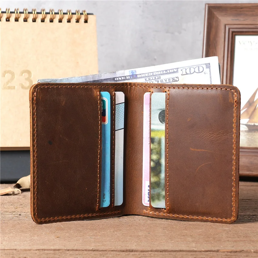 

1092 Male and Female Simple Crazy Horse Leather Leather Wallet Retro Portable Multi Slot Bifold Card Bag