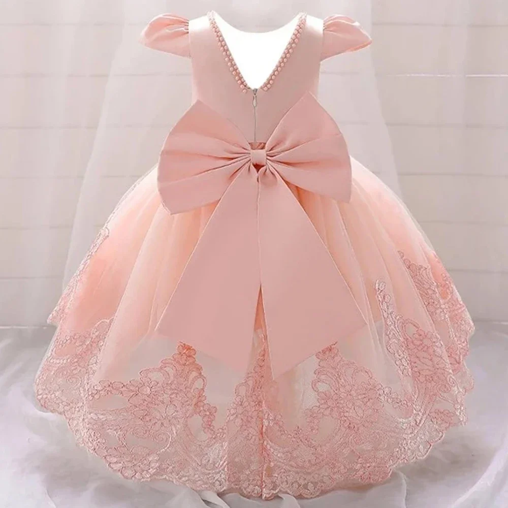 Toddler Flower Girls Dress Bow Tulle 1st Birthday Party Baptism White Baby Dresses Girls Princess Wedding Bridemaid Prom Costume