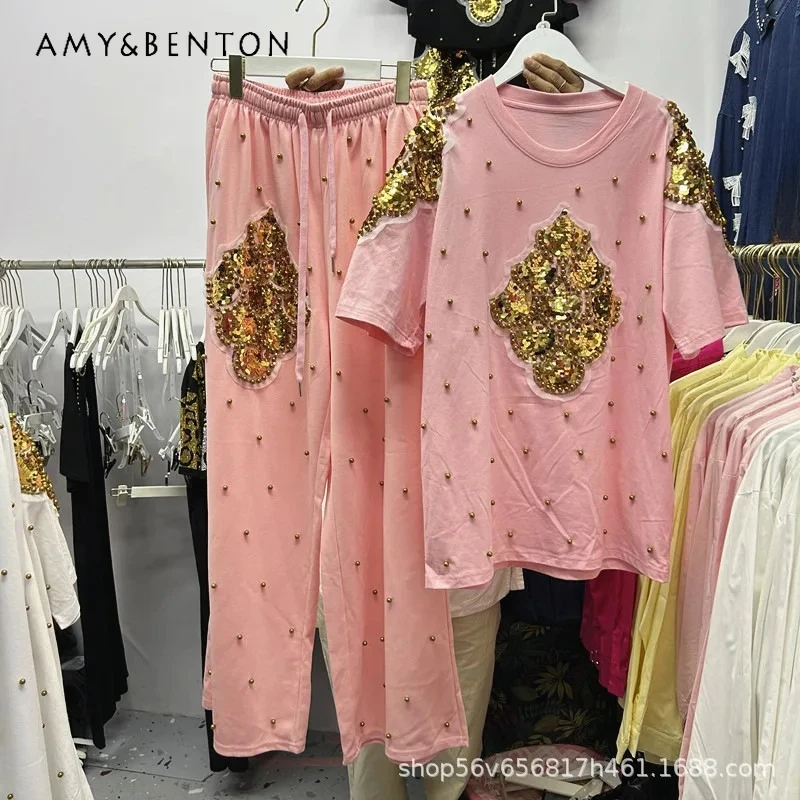 

Футболка + эластичная талия, широкие длинные брюки, комплект из двух предметов, женский уникальный дизайн, расшитый бисером и пайетками, свободный костюм Y2k, футболка с короткими рукавами