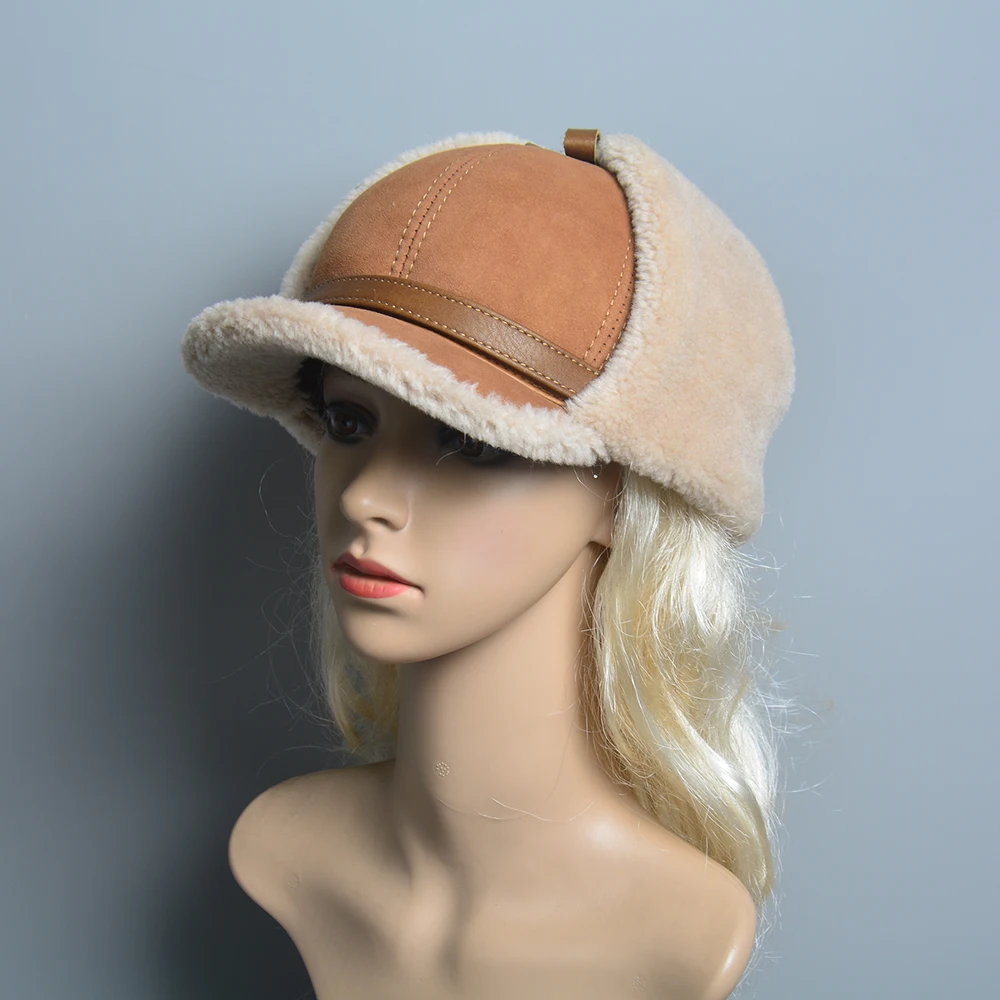 High Quality 2024 Winter Leather Hat Lady Fur Lambswool Warm Thick Ear Flaps Bomber Hats Women\'s Baseball Cap Russian caps