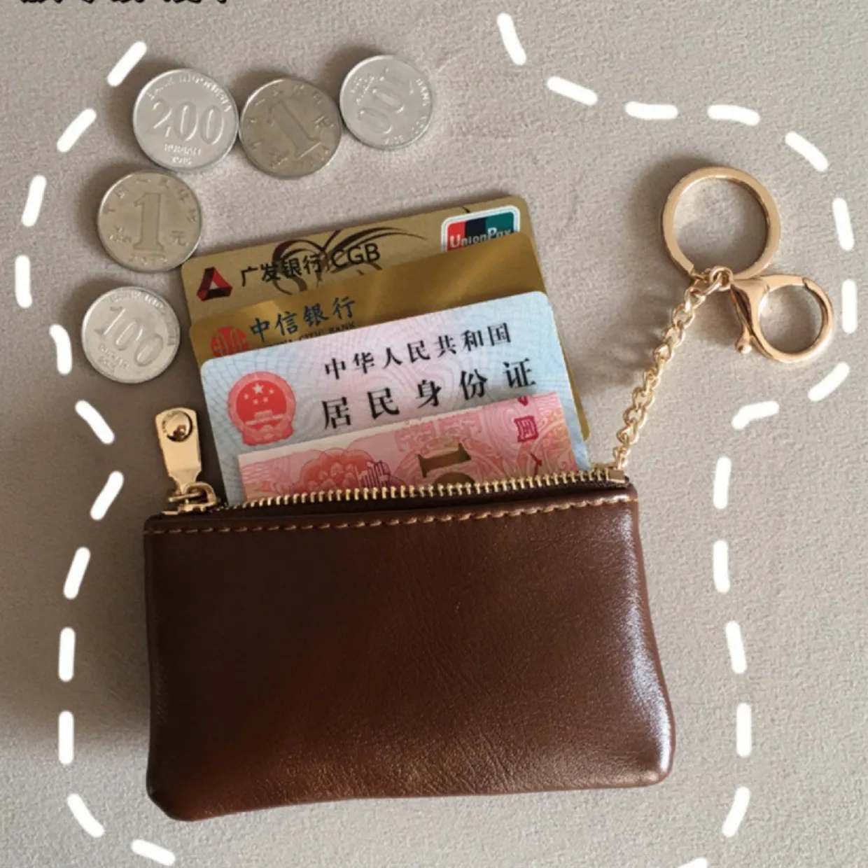 Women'S Card Holder With Keychain Iretro Oil Wax Leather Wallet Slim Zipper Around Coin Purse Fashion Mini Wallet For Keys