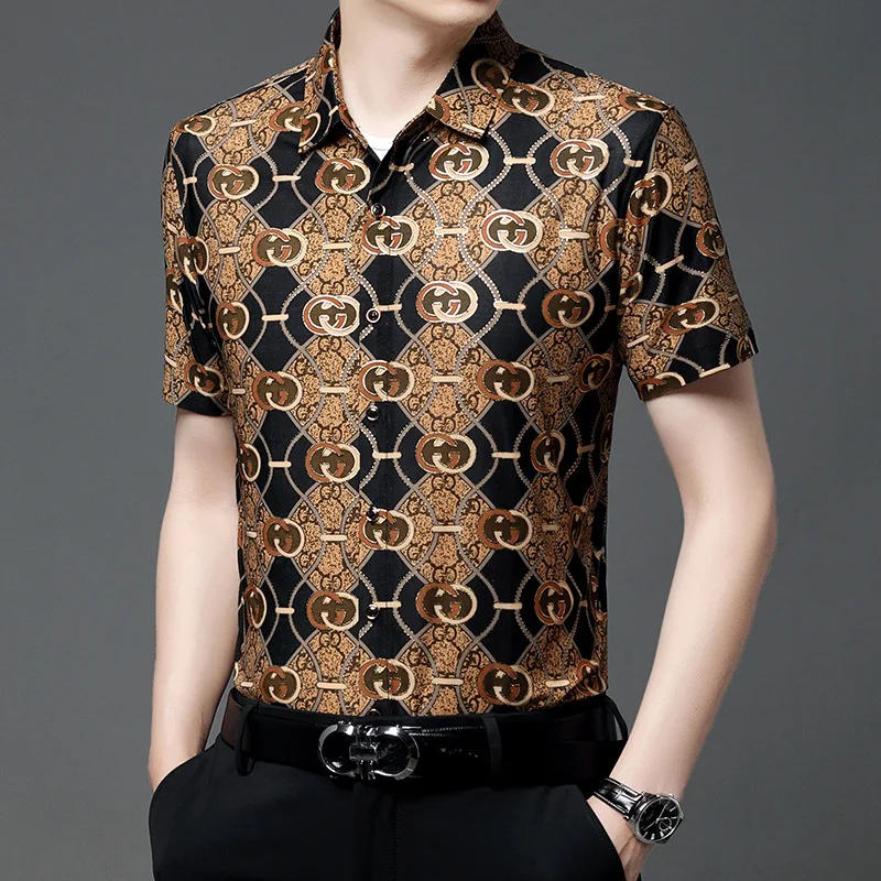 Men's High-Grade Gilded Shirt Trendy Korean-Style Short-Sleeved Classic Gilded Shirt Summer Gilded Shirt