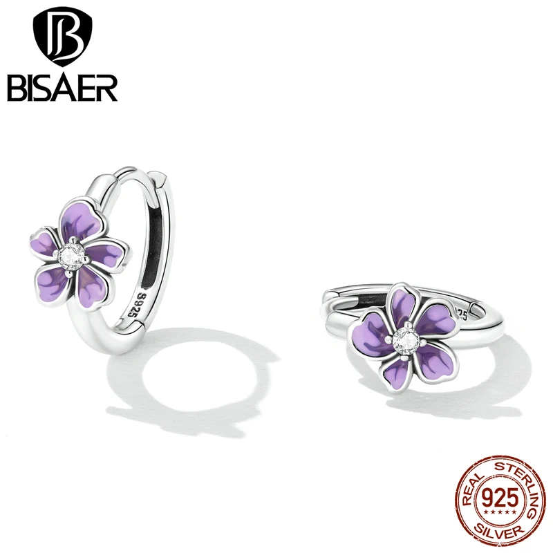 BISAER 925 Sterling Silver Ear Buckles Purple Flower for Women Delicate Earrings Fine Jewelry Anniversary Party Gift ECE1435