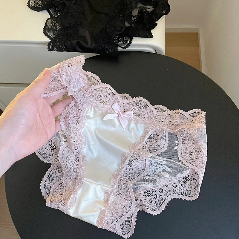 Satin Mesh Lace Patch Bow Women's Underwear Sexy Low Waist Hollow Underwear Low Waist Pure Cotton Pure Desire Thong