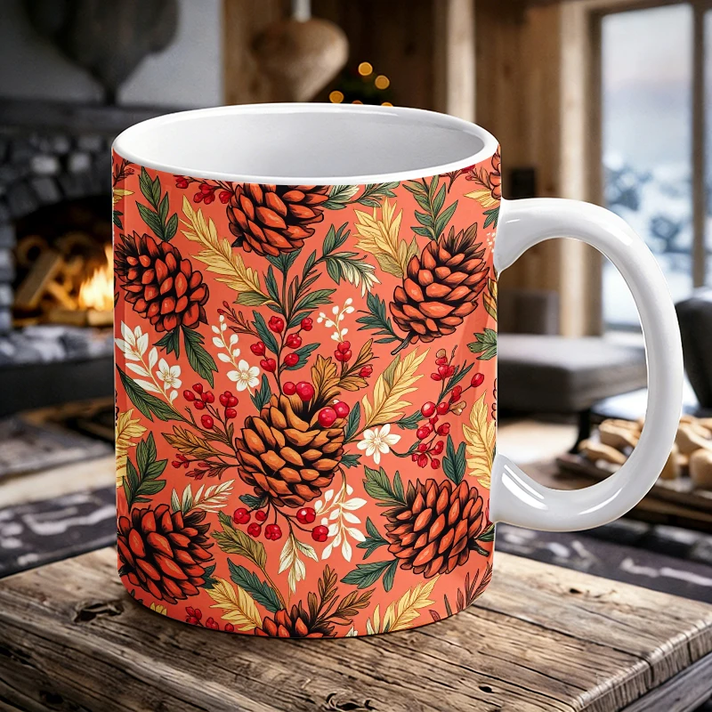 

rtistic Hand-Drawn Pine Cones & Red Berries Ceramic Coffee Mug,All-Over Print Novelty Tea Cup，gift for a friend