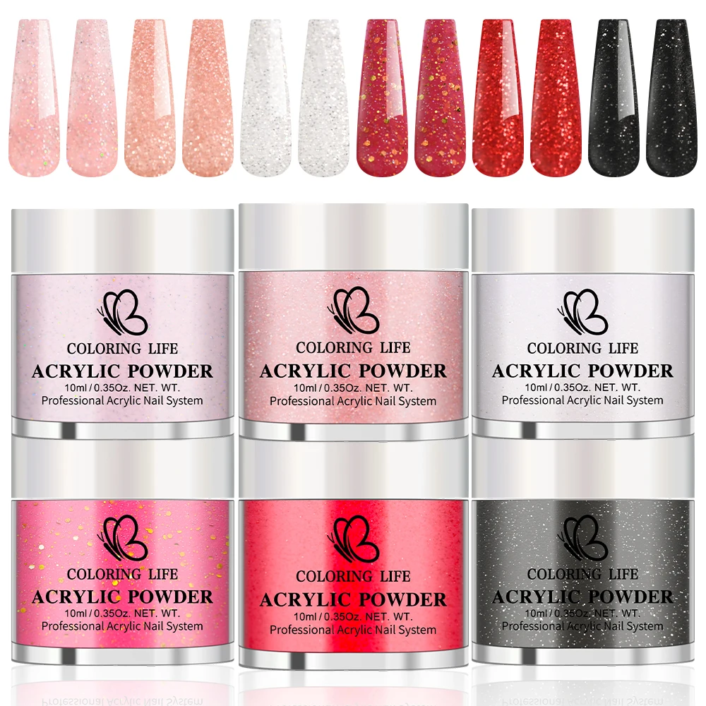 

6pcs Acrylic Nail Powder 10ML/0.35OZ Glitter Pink Red White Black Engraving Sculpting for 3D Nail Tips Extension & Decor Tools *