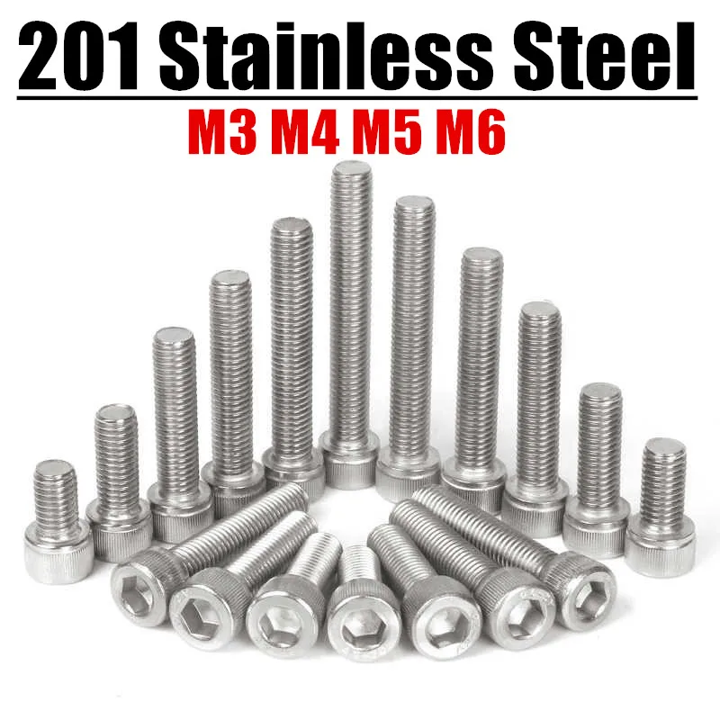 10PCS/Pack M3 M4 M5 M6 201 Stainless Steel Hex Socket Cap Head Screws Hardware Fastener Socket Cap Screws Hex Head Allen Bolts