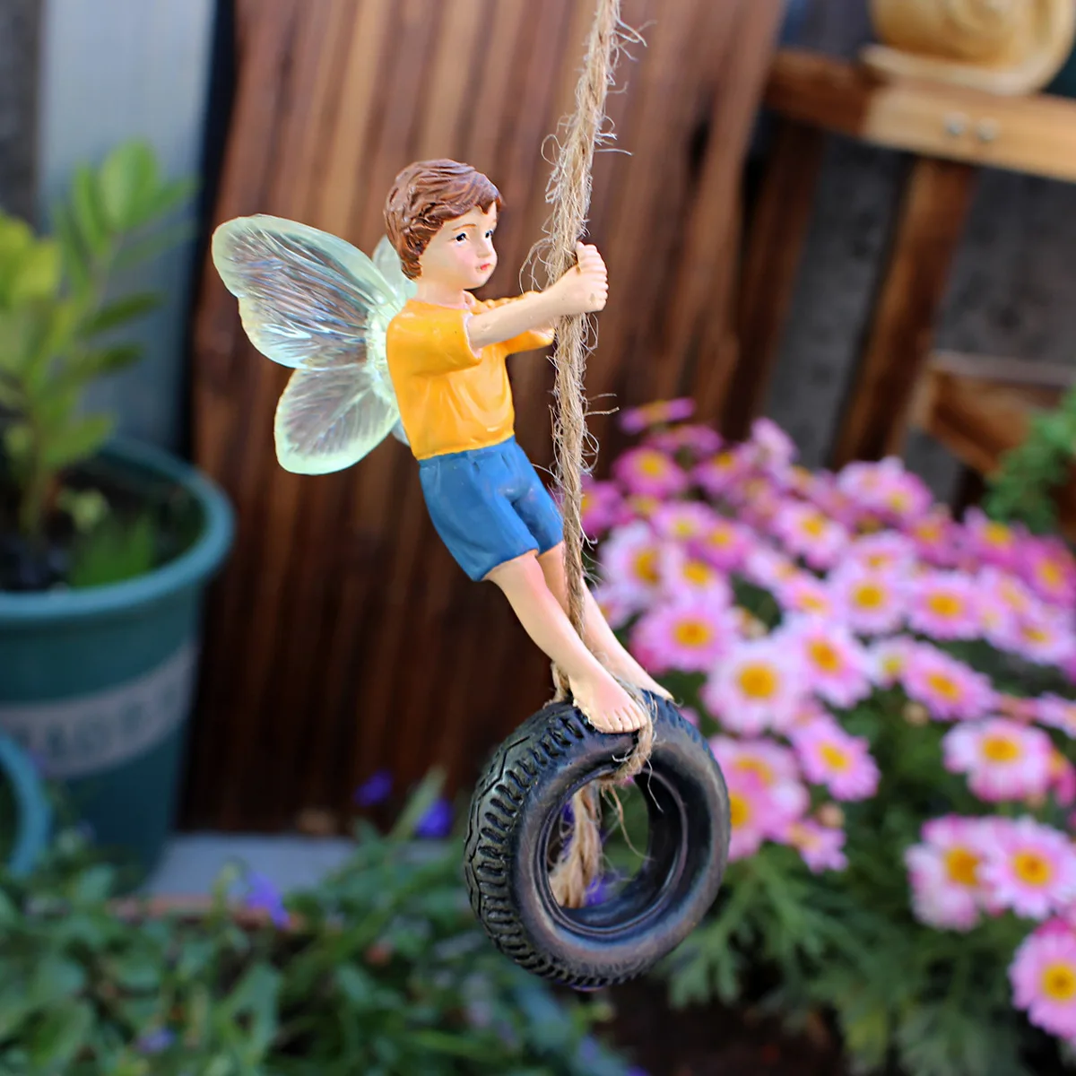 

1pc Swinging Tire Flower Fairy Resin Crafts Courtyard Garden Decoration Pendant Bonsai Statue Home Creative Scene Decorations
