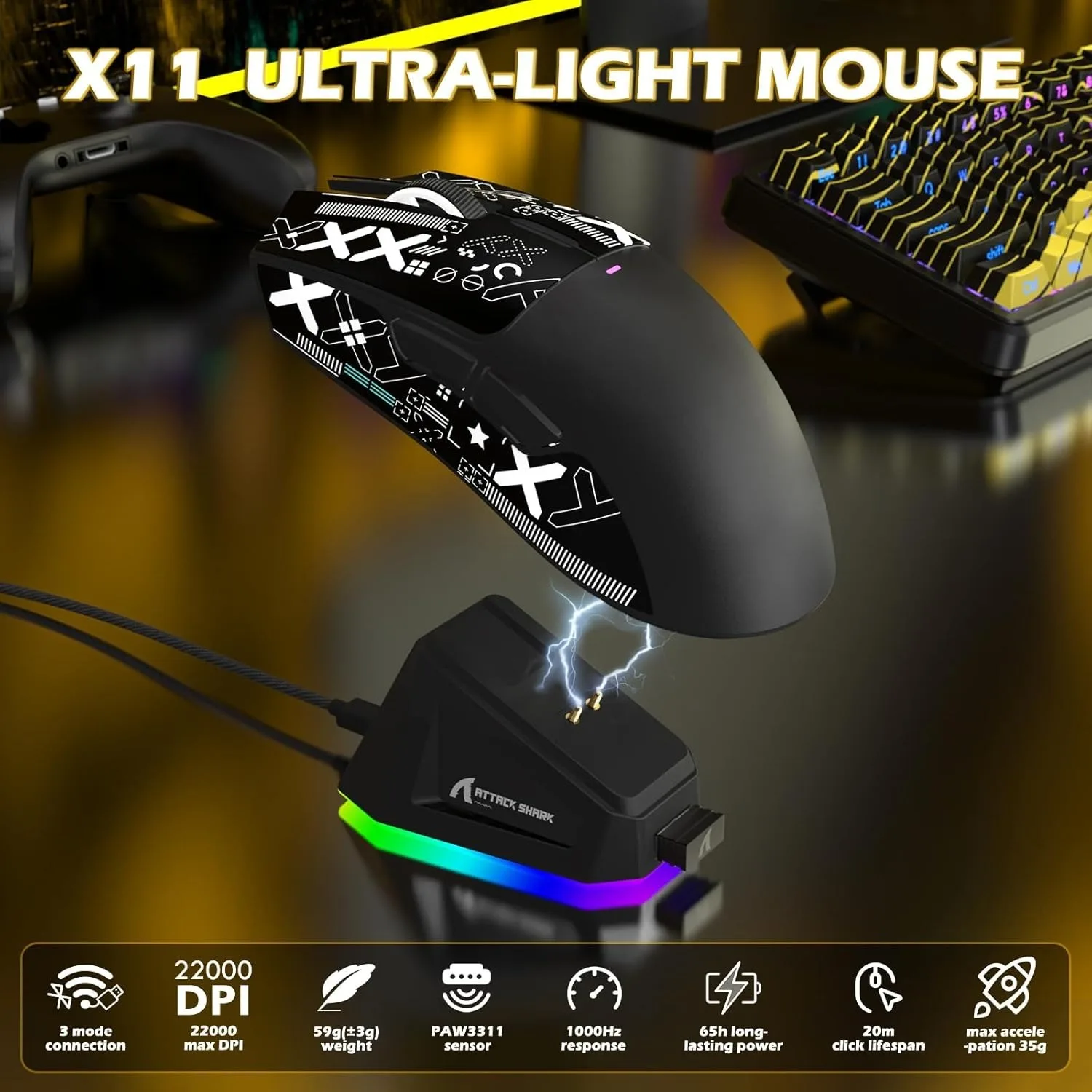 ATTACK SHARK X11 Wireless Gaming Mouse  Charging Dock PixArt PAW3311 Sensor Tri-Mode 2.4G/BT/Wired Esports Ready