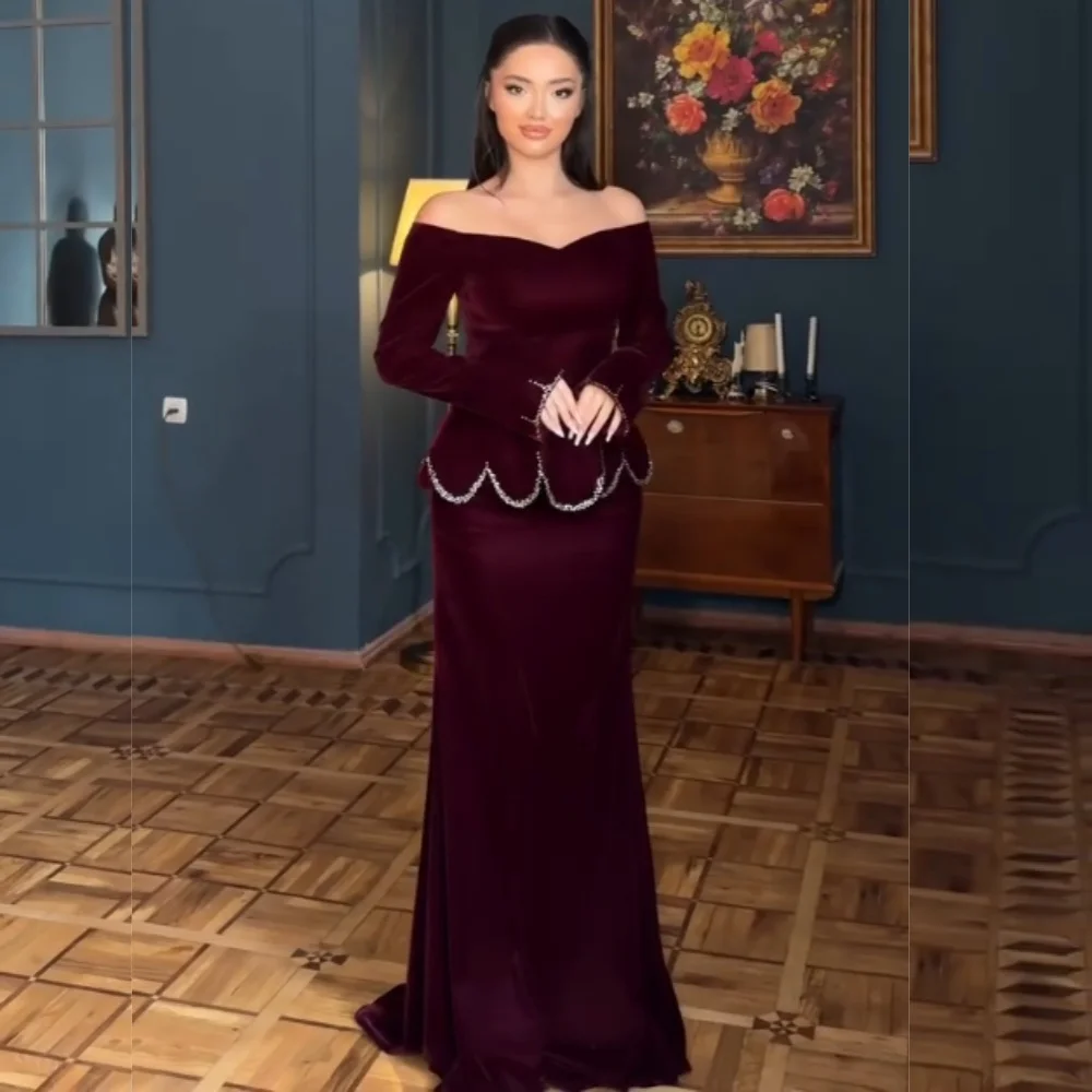 Customized Women Evening Rhinestone Glitter Off-the-shoulder Trumpet Long Dresses Bespoke Occasion Elegant Party High Quality