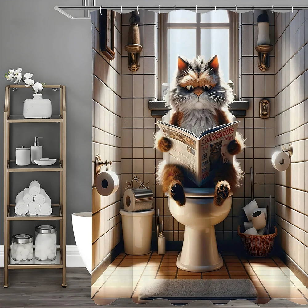 The Cat Who Reads the Newspaper Shower Curtain, Bathroom Decorative Shower Curtain, Waterproof Shower Curtain with Hooks