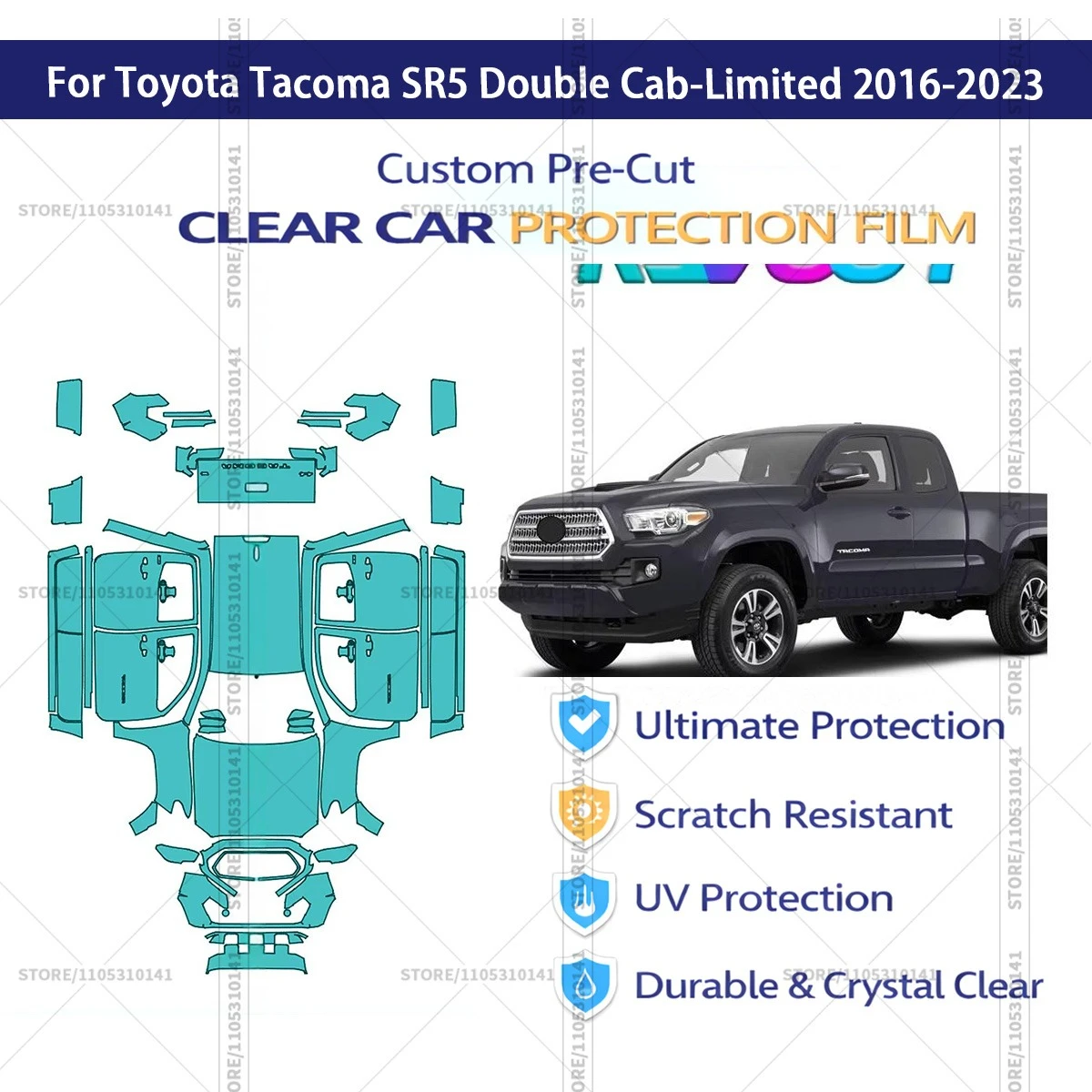 

Предварительно нарезанная защитная пленка PPF, прозрачная автомобильная пленка для Toyota Tacoma SR5 Double Cab-Limited 2016-2023