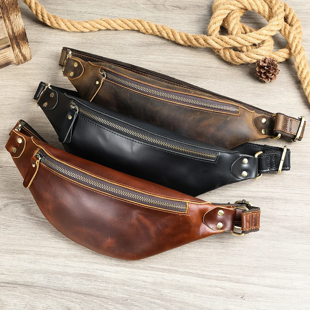 

Vintage Crazy Horse Leather Men's Waist Bag, Top Layer Cowhide Large Capacity Chest Sling Bag
