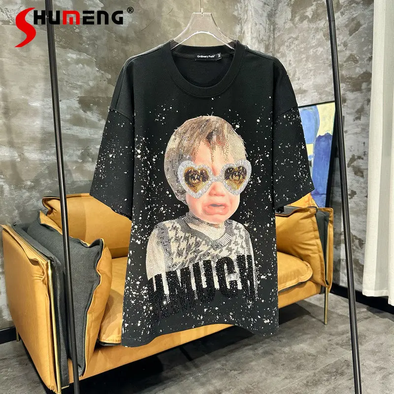 Popular 2023 Summer Luxury Fashion Brand T-shirt Men and Women Splash Ink Hot Drilling Short Sleeve Crying Boy Hip Hop tee tops