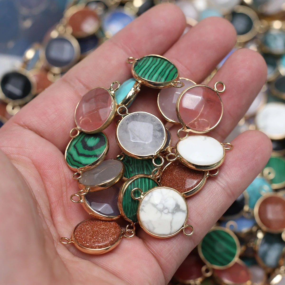 

3Pcs Natural Stone Turquoise Pendants Gold Plated Double Hole Connector for Charms Jewelry Making Diy Necklace Grafts