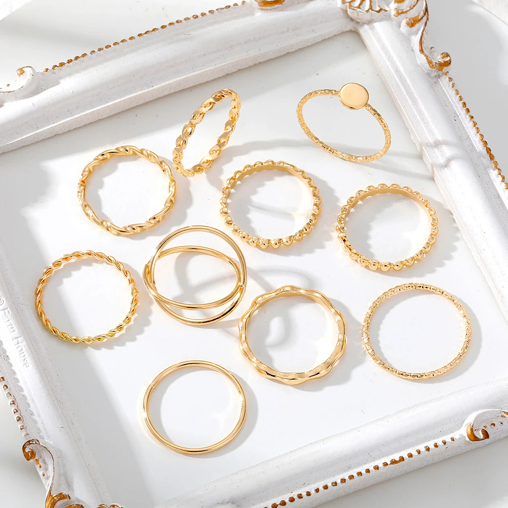 IPARAM Vintage Simplicity Irregular Gold Color Metal Rings Trendy Twist Helical Mixed Styles Rings Set Jewelry Gifts