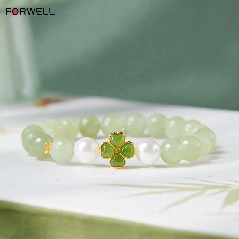 

FORWELL Fine Jewelry Natural Hetian Nephrite Jade Clear Water Lake Green Bead Bracelet for Women Fashion Gift for Girlfriend
