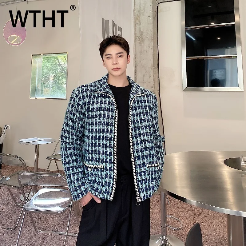 

WTHT модное мужское клетчатое пальто с большими карманами на молнии, свободное пальто, модная куртка с длинным рукавом и отложным воротником, мужская осень 2023, 2A1602
