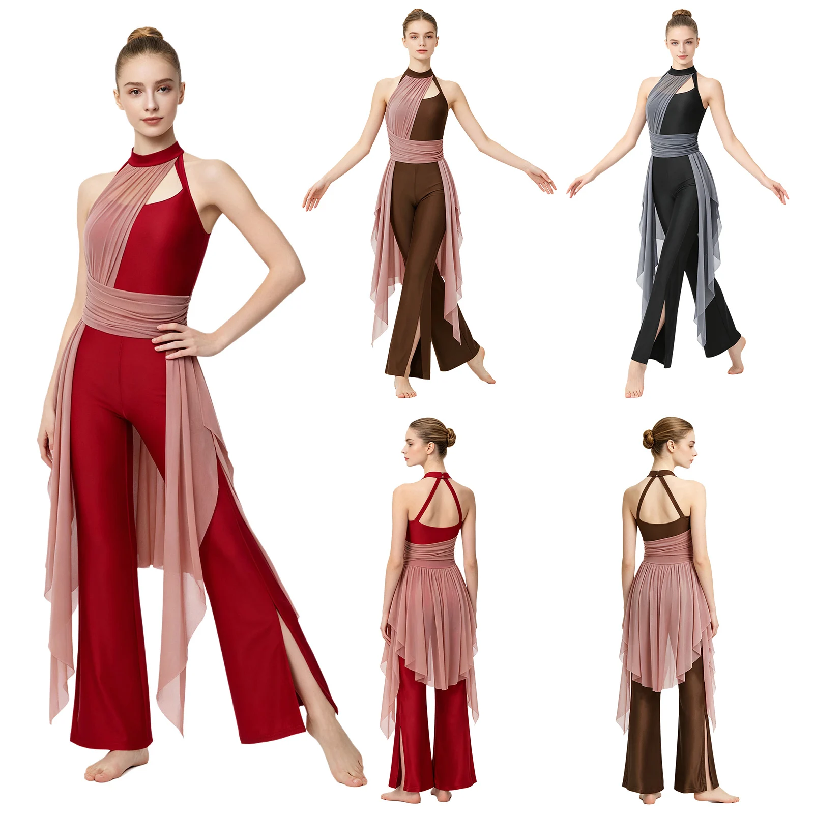 Women Modern Lyrical Dance Jumpsuit Sleeveless Backless Mesh Split-leg Romper Dress for Skating Gymnastics Acrobatics Ballet