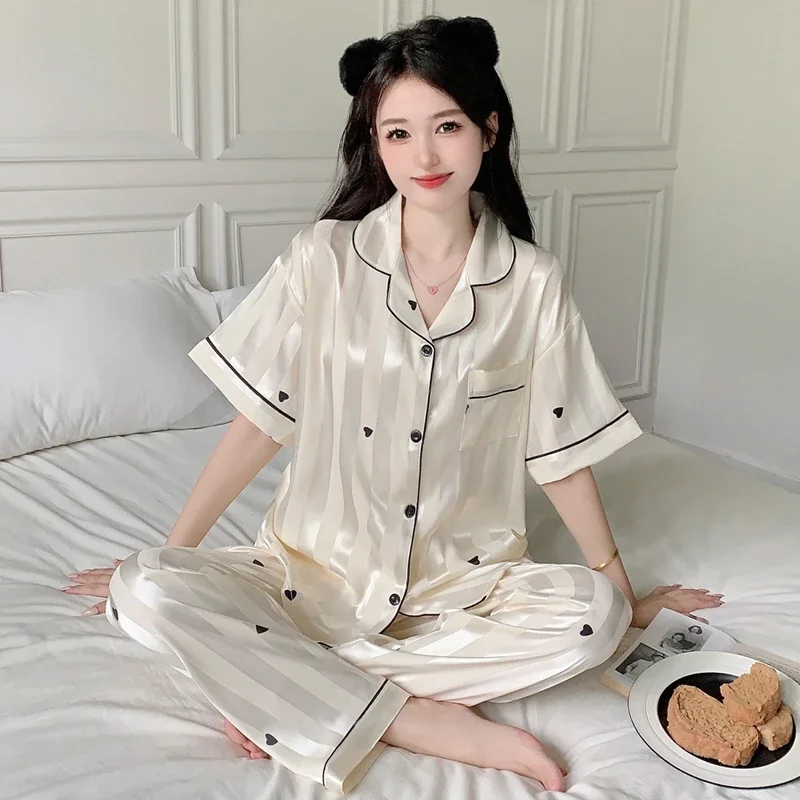 Pyjama imprimé en forme de cœur pour femme, vêtements d'intérieur rayés, vêtements de nuit Y2K, français, doux, élégant, noir, coréen, ins, Harajuku, été, nouveau, 2024