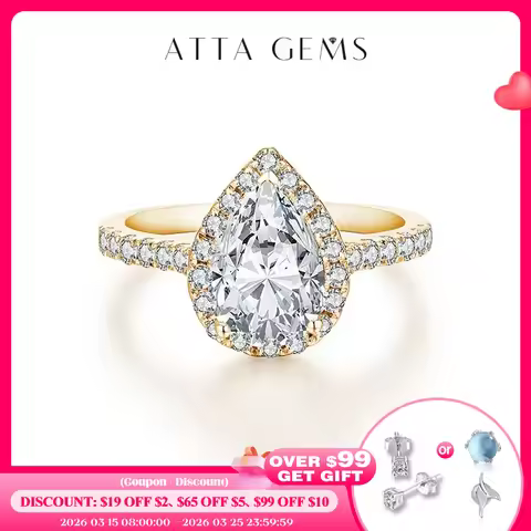 ATTAGEMS Pear Cut 2.0CT D Color VVS1 Luxury Moissanite Ring Real 925 Sterling Silver for Women Engagement Wedding Jewelry Gift