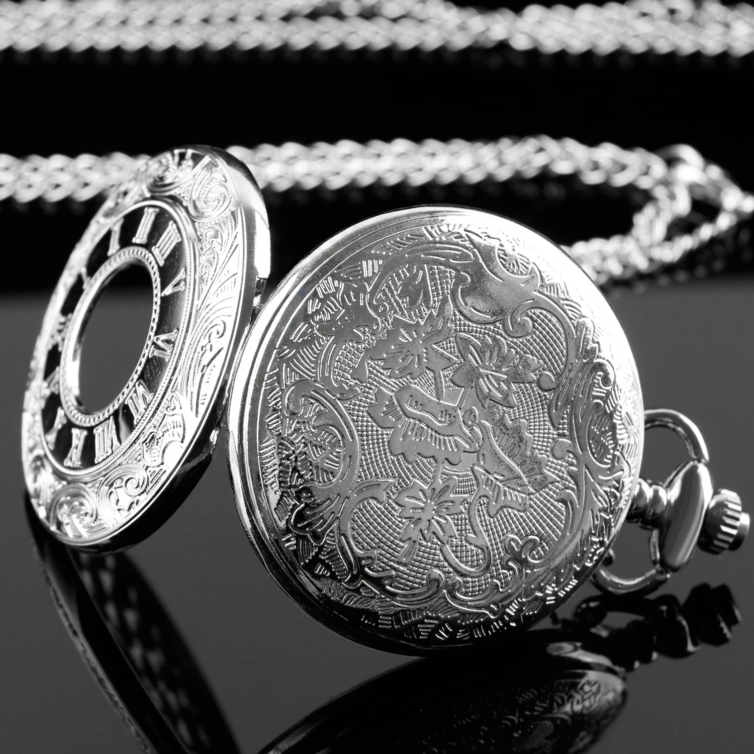 ساعة جيب كوارتز Steampunk رقمية فضية مجوفة باللون الأسود بتوقيت عتيق وقلادة من الأحجار الكريمة هدية كلاسيكية للرجال والنساء للأزواج #4