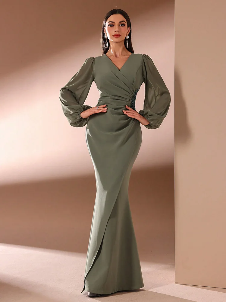 TOLEEN 2024 New Women Pearl Embellished Gathered Waist Ruffle Lantern Sleeve Maxi Flare Dress Luxury Elegant Formal Maxi Dresses