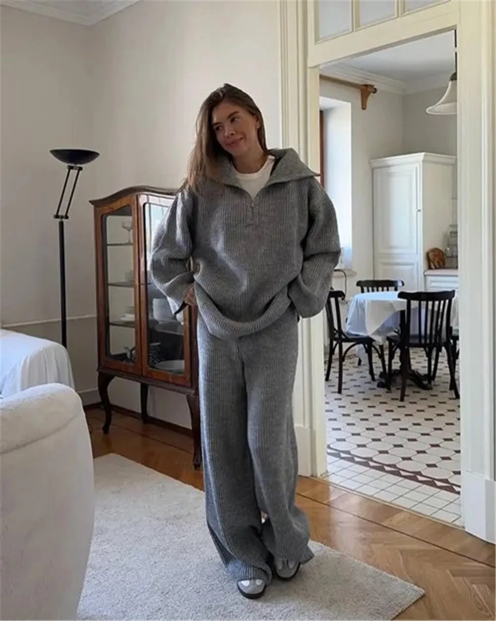 Autumn Winter New Casual Loose Knitted Women's Sweater Set Half Zipper Hoodie Top and Wide Leg Trousers Two-piece Set Streetwear
