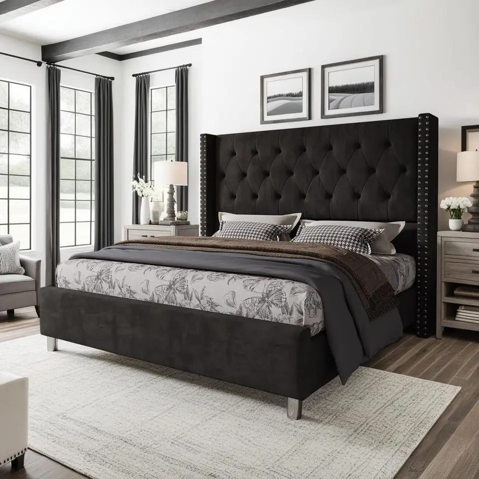Velvet Tufted King Size Bed Frame with Wingback