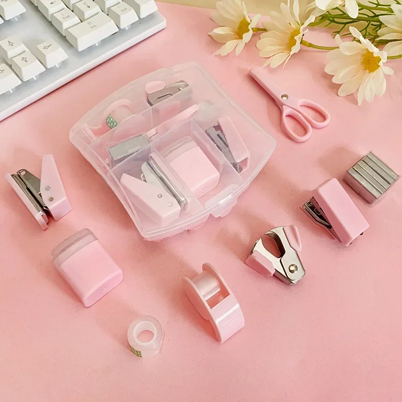 Mini kits de suministros para escuela y oficina 7 en 1, incluye grapadora, tijeras, removedor de grapas, dispensador de cinta, juego de productos Kawaii para estudiantes
