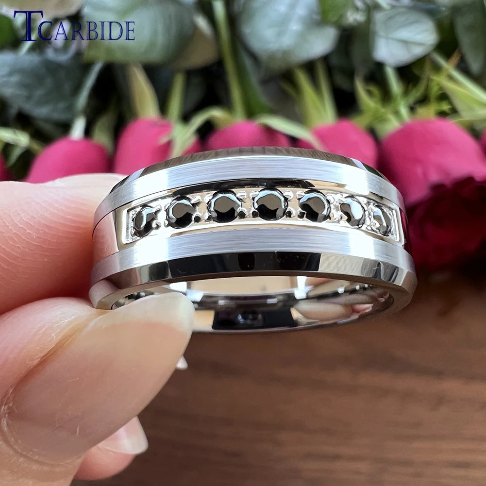 8mm Men Women Tungsten Steel Combination Ring With 7 Black/White CZ Stone Inlay Fashion Engagement Wedding Band