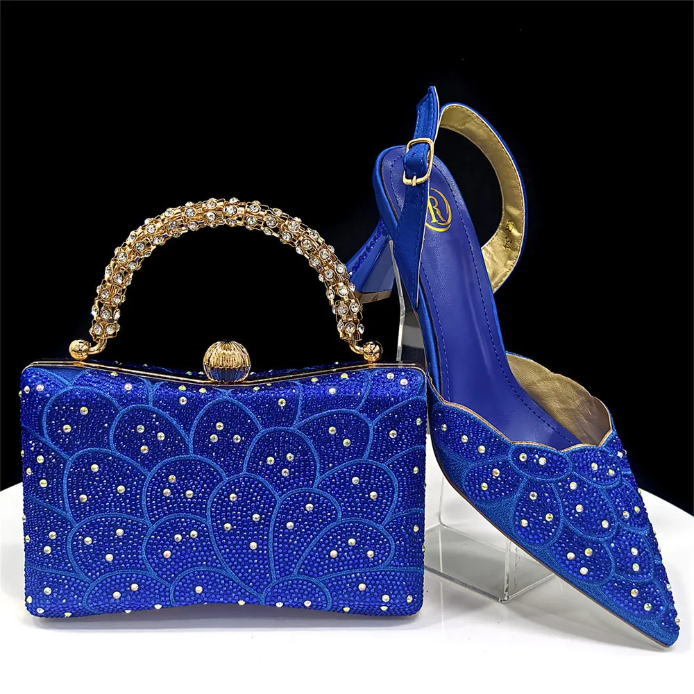 

New Arrival Lovely Style Royal Blue Color Rhinestone Decoration Design Pointed Toe Lady Shoes and Bag for Party Wedding