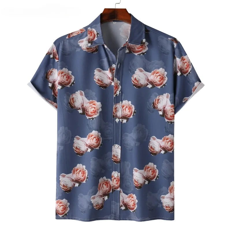 

Retro Rose Print Men's Hawaiian Shirt 2024 Summer Short Sleeved Elegant Vacation Beach Shirt Men's Street Clothing