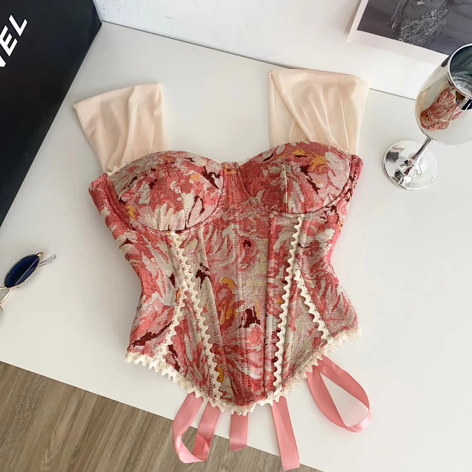 Women Vintage Floral Corset Bustier Top Detachable Mesh Short Sleeve Lace Trim Back Tie Y2K Party Ladies Crop Tops