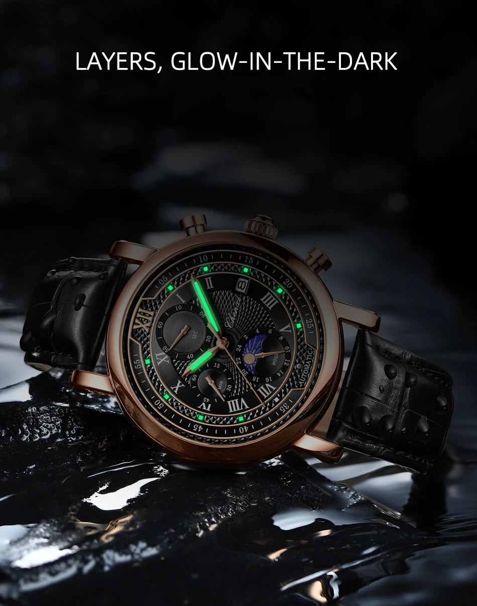 Chenxi 976 Leather Chronograph Date Men's Phase Of The Moon Timing Business Luminous Quartz Watch Relojes Para Hombres