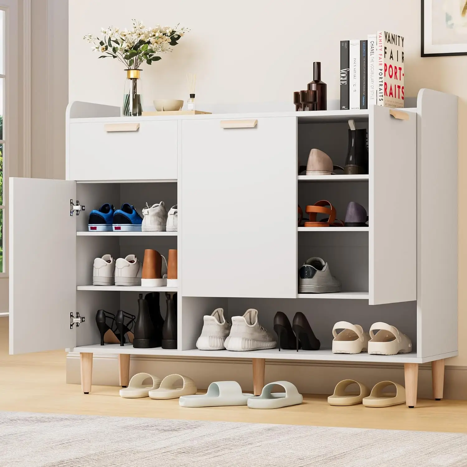 

Shoe Cabinet With Doors & Drawer, 4-Tier Shoe Organizer Cabinet With Adjustable Shelves, Freestanding Wood Storage Ra For