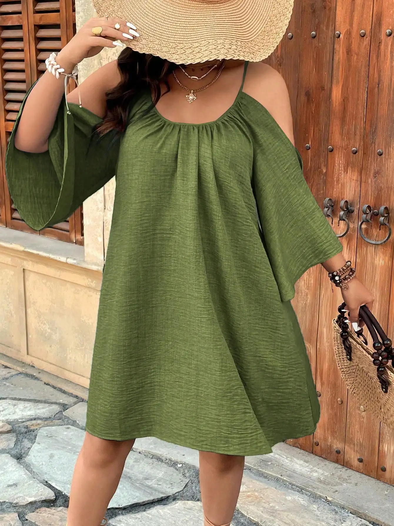 

Olive Green Off Shoulder Flare Sleeve A-Line Mini Dress Casual Bohemian Summer