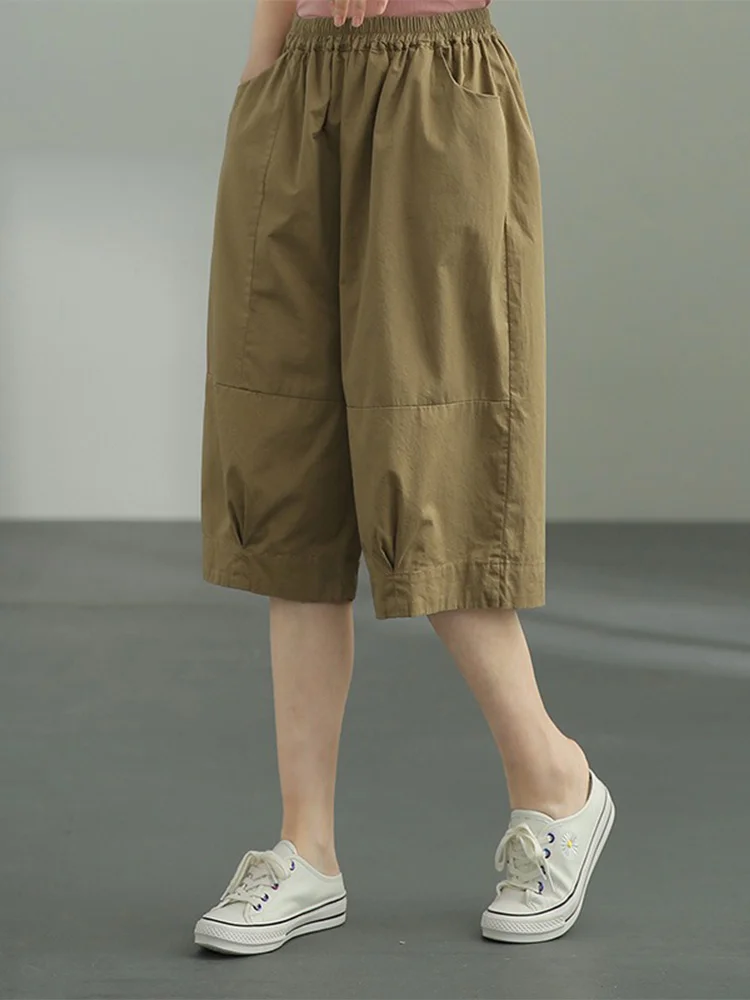 Loose Casual Workwear Five-Point Pants Women's Summer  New High Waist Cotton Straight Leg Trousers Elastic Waist