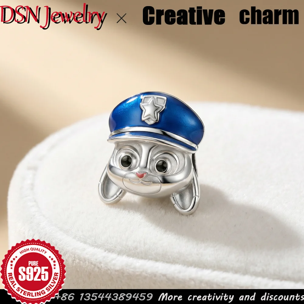 

DSN Jewelry Designer Cartoon Charm S925 Silver Enamel Rabbit Charm with Police Hat DIY Beads for Bracelet Crazy Animal Fans Gift