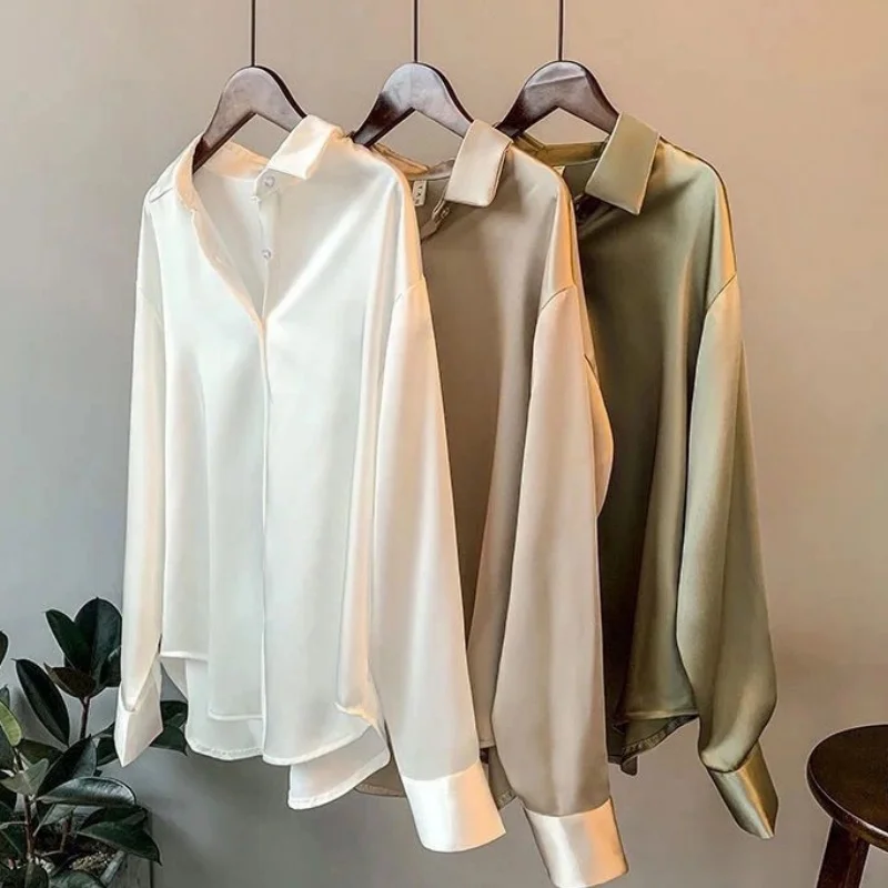 Women Satin Blouse Long Sleeve Solid Plain Color Niche Design Details Vintage Temperament All-Match Elegant Shirt Top