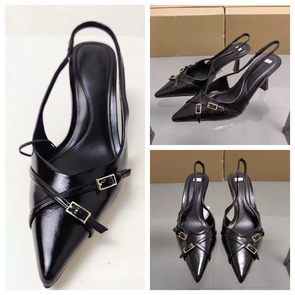 TRAF 2024 kadın siyah Strappy topuklar moda sivri Toes arkası açık iskarpin yüksek topuklu ayakkabılar zarif ofis bayanlar arkası açık iskarpin pompalar