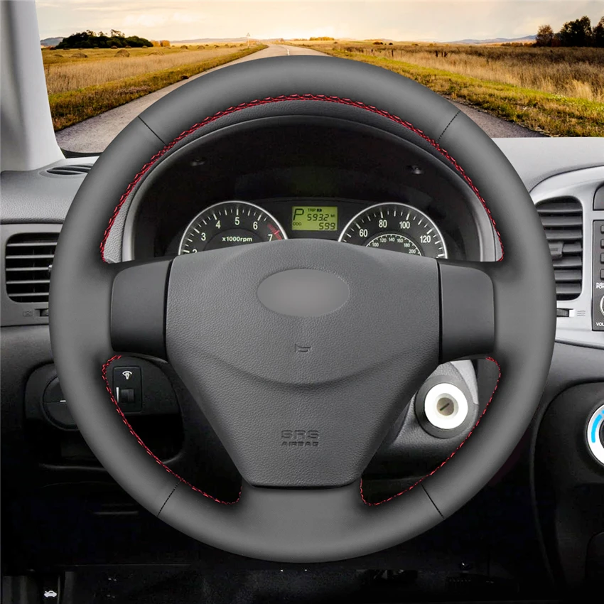 

DIY Black Genuine Leather Car Steering Wheel Cover For Hyundai Getz (Facelift) 2005 2006 2007 2008 2009-2011 Car Accessories