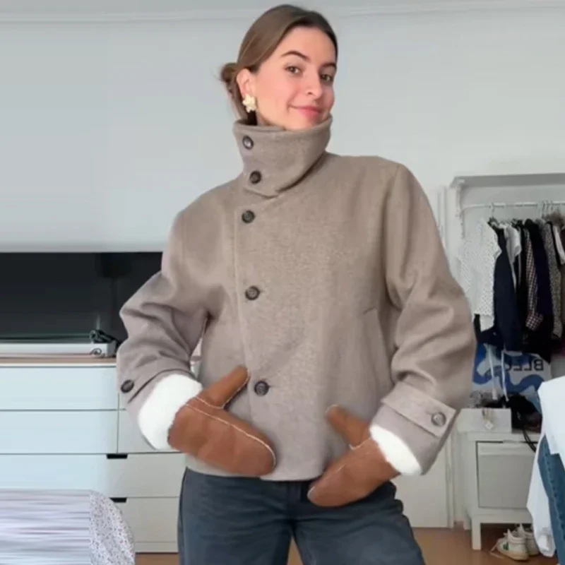 HXAO معطف المرأة اقتصاص سترة تويد عالية الياقة الخريف الشتاء جديد في معاطف امرأة طويلة الأكمام زر فو الصوف أفخم سترة #5