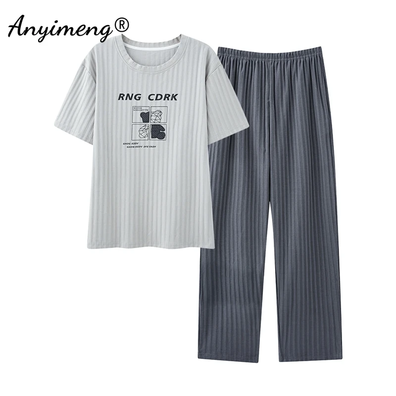 Spring Autumn Men Pajama Sets Short Sleeves Long Pants Coffee Pajamas Big Size L-3XL Pijamas O-neck Sleepwear Soft Loungewear